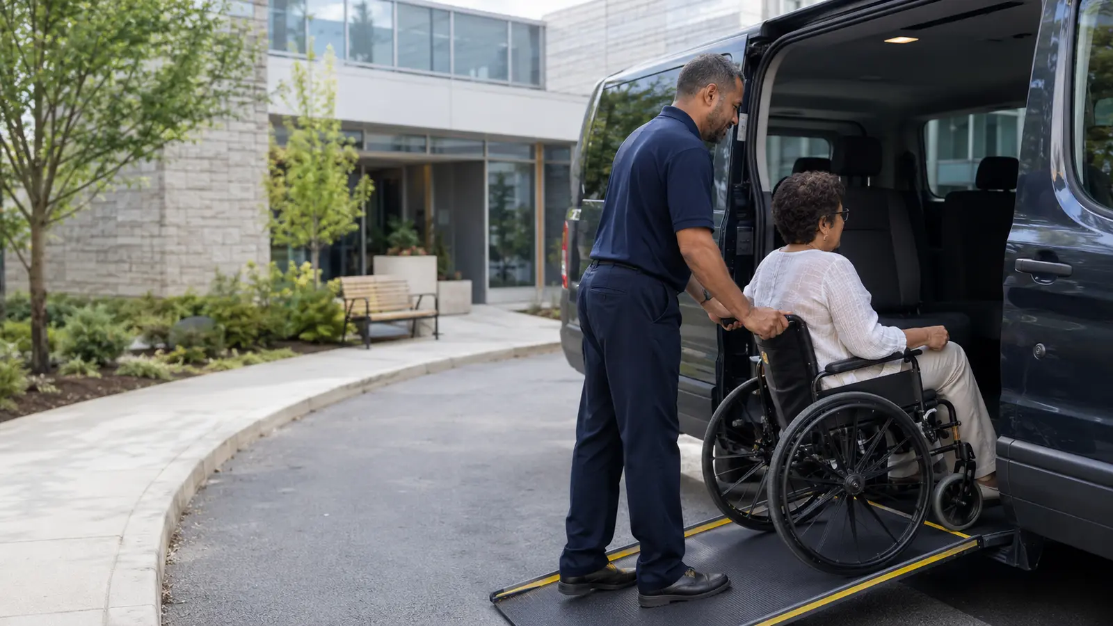A professional driver assisting a wheelchair passenger into an accessible van